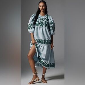Anthropologie Embroidered Puff Sleeved Midi Dress- size S